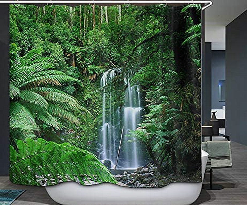 Forest Scenery Shower Curtain, Tropical Green Leaves Great Waterfall Australian Daintree Rainforest Shower Curtain
