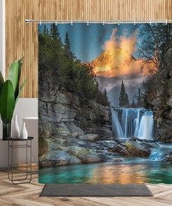 Forest Scenery Shower CurtainNatural Landscape Green Jungle Rock Waterfall Bathroom Decor with Waterproof Fabric