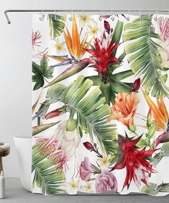 Forest Shower Curtain with Green Plants - LB Tropical Palm Leaf Orange Pink Flower Bath Decor