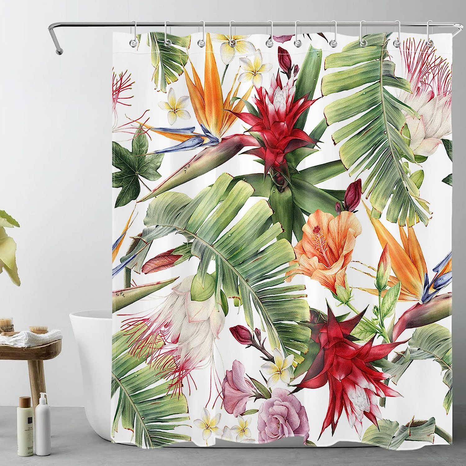Forest Shower Curtain with Green Plants - LB Tropical Palm Leaf Orange Pink Flower Bath Decor