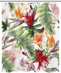 Forest Shower Curtain with Green Plants - LB Tropical Palm Leaf Orange Pink Flower Bath Decor