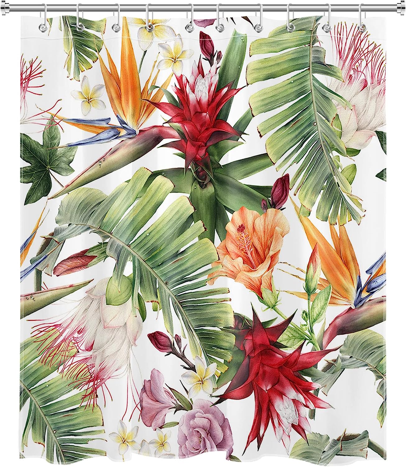 Forest Shower Curtain with Green Plants - LB Tropical Palm Leaf Orange Pink Flower Bath Decor
