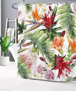 Forest Shower Curtain with Green Plants - LB Tropical Palm Leaf Orange Pink Flower Bath Decor