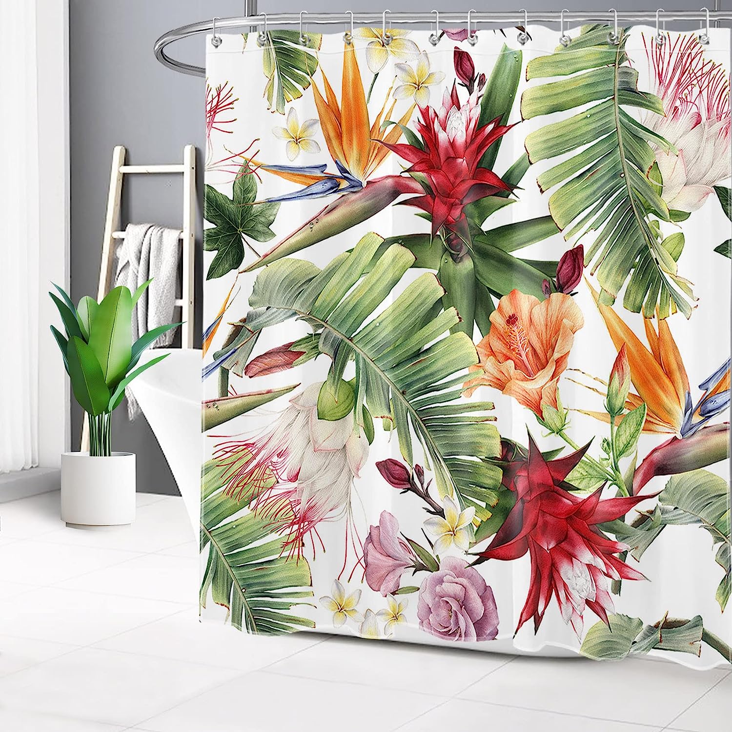 Forest Shower Curtain with Green Plants - LB Tropical Palm Leaf Orange Pink Flower Bath Decor