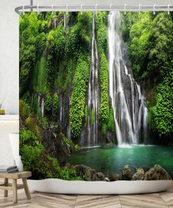 Forest Sunlight Shower Curtain, Tropical Green Leaves Great Waterfall Australian Daintree Rainforest Shower Curtain
