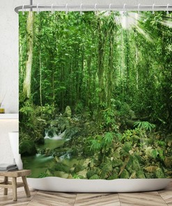 Forest Sunlight Shower Curtain, Tropical Green Leaves Great Waterfall Australian Daintree Rainforest Shower Curtain