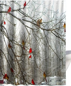 Forest Tree Shower Curtain With Cute Cardinal Birds On Branch Theme Cloth Fabric For Bathroom Decor