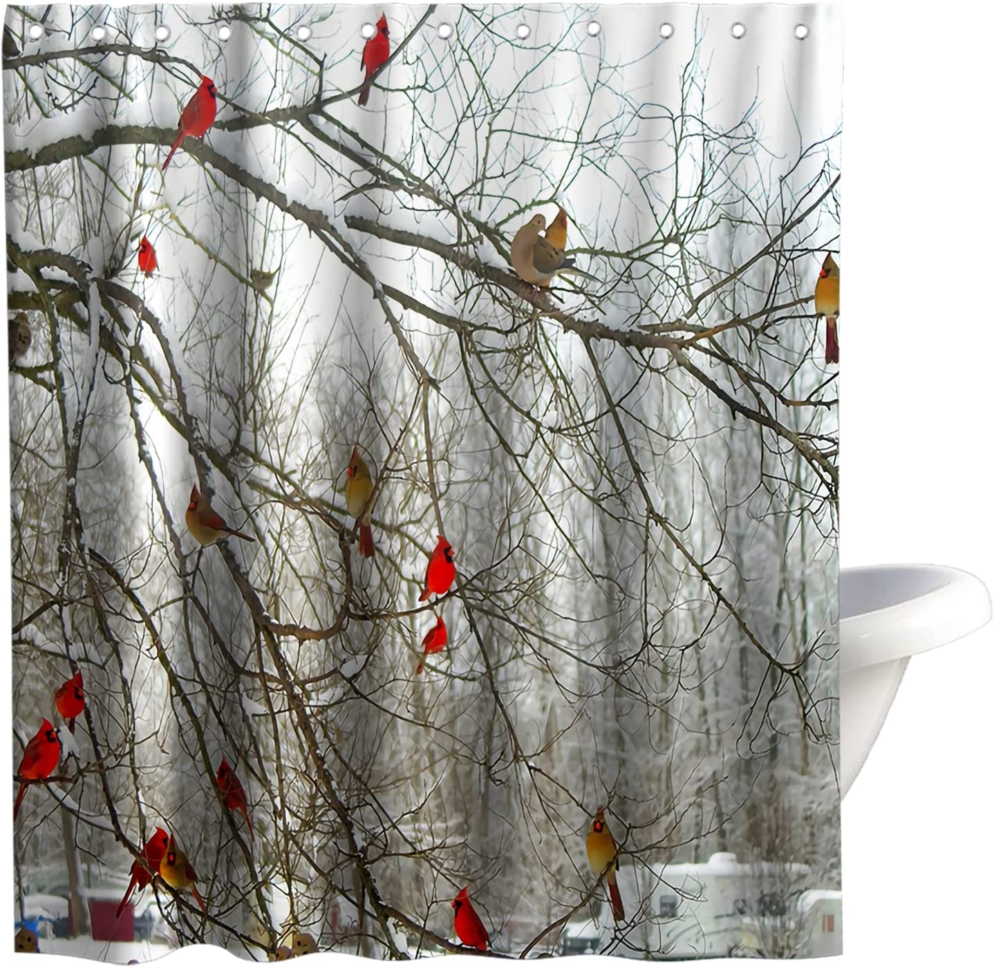 Forest Tree Shower Curtain With Cute Cardinal Birds On Branch Theme Cloth Fabric For Bathroom Decor