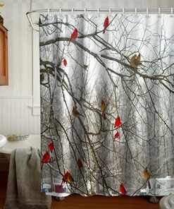 Forest Tree Shower Curtain With Cute Cardinal Birds On Branch Theme Cloth Fabric For Bathroom Decor