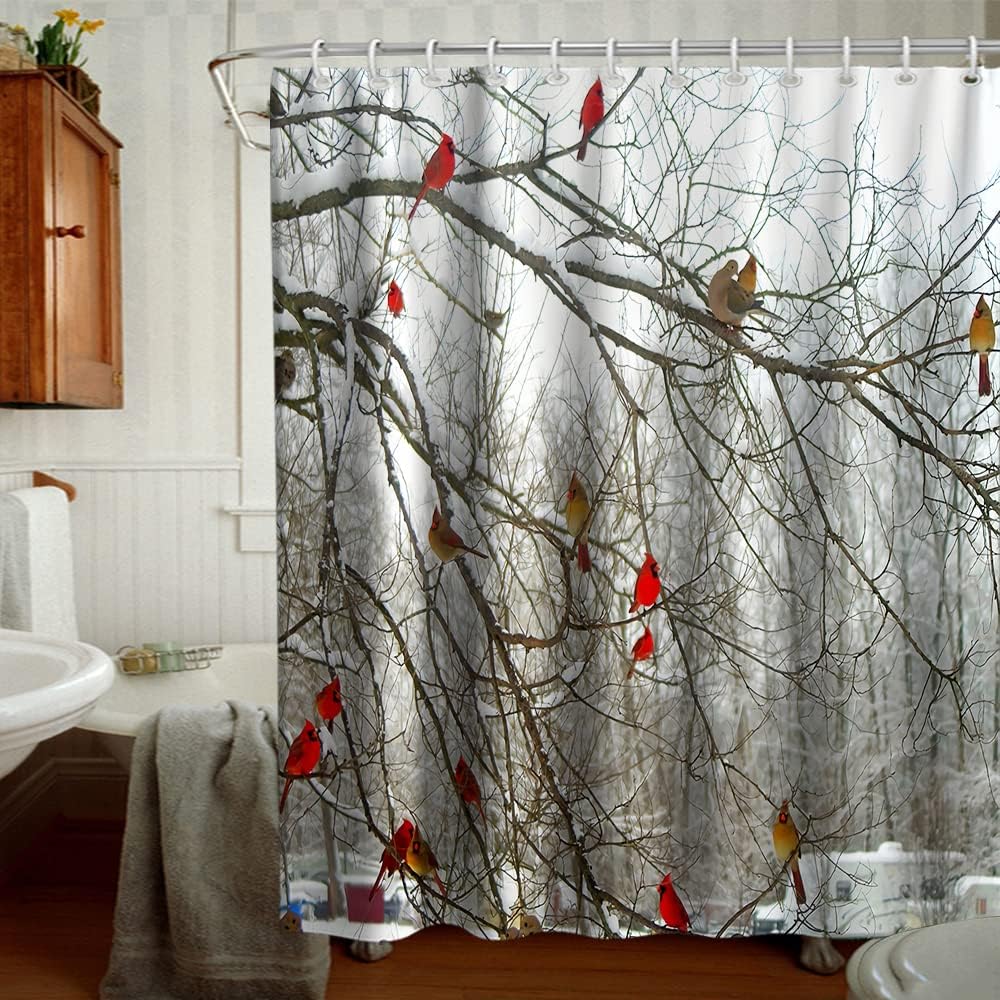 Forest Tree Shower Curtain With Cute Cardinal Birds On Branch Theme Cloth Fabric For Bathroom Decor