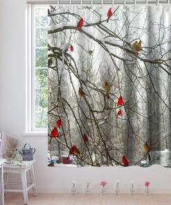 Forest Tree Shower Curtain With Cute Cardinal Birds On Branch Theme Cloth Fabric For Bathroom Decor
