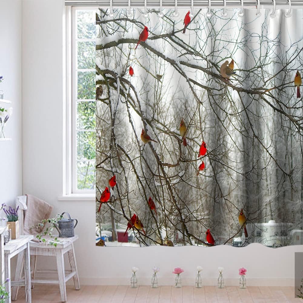 Forest Tree Shower Curtain With Cute Cardinal Birds On Branch Theme Cloth Fabric For Bathroom Decor