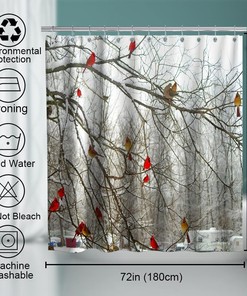 Forest Tree Shower Curtain With Cute Cardinal Birds On Branch Theme Cloth Fabric For Bathroom Decor