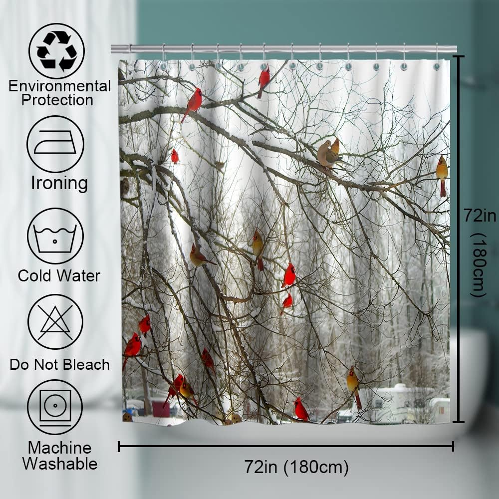 Forest Tree Shower Curtain With Cute Cardinal Birds On Branch Theme Cloth Fabric For Bathroom Decor