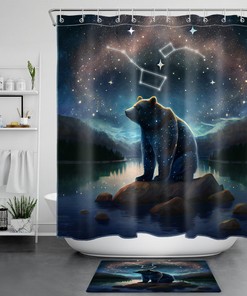 Forest Tree Space Animals Shower Curtain For Nature Lovers - Forest Tree Lake Funny Animals Bear Space