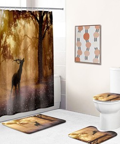 Forest Trees And Elk Print Shower Curtain, Rustic Bathroom Decor