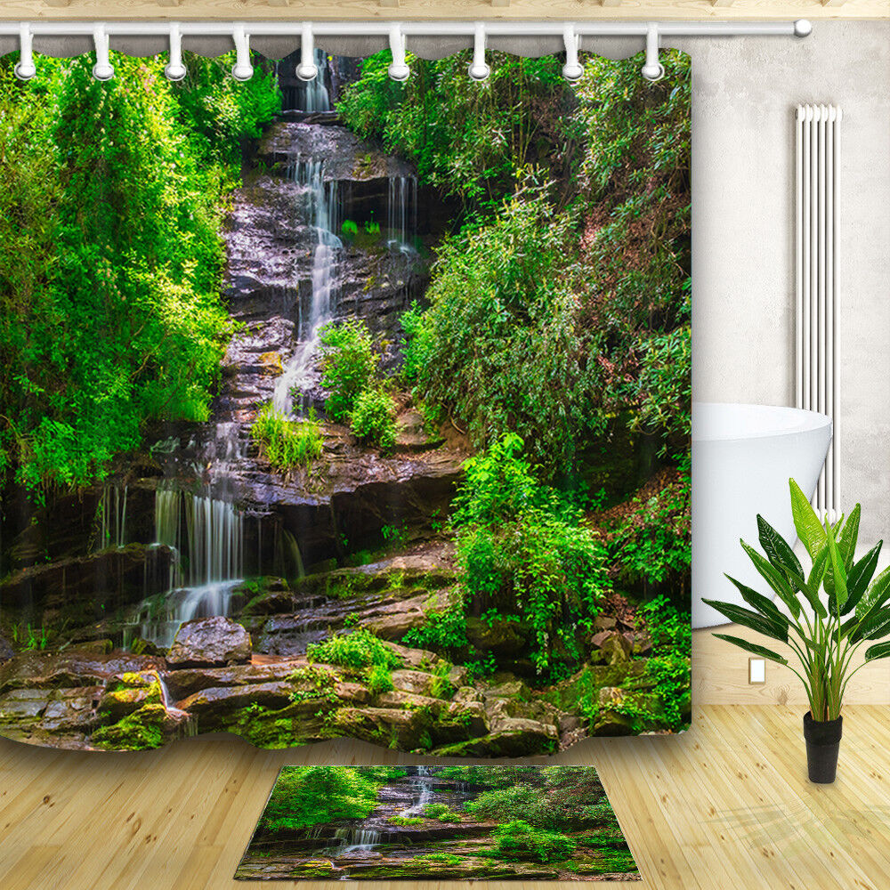 Forest Waterfall River Print Bathroom Waterproof Shower Curtain