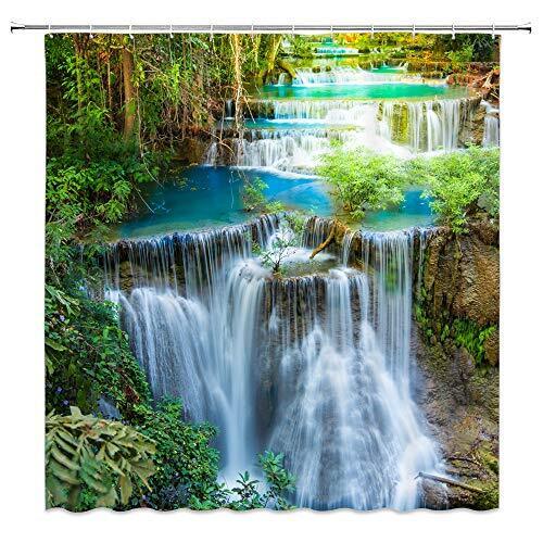 Forest Waterfall Shower Curtain, Green and Serene Bathroom Decor
