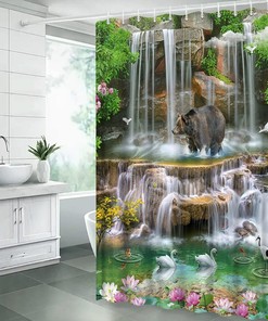 Forest Waterfall Shower Curtain with Nature Green Tropical Rainforest Wild Animal Bird Bear Flower Spring Summer Scenery