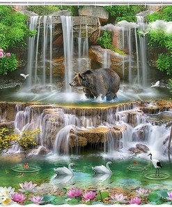 Forest Waterfall Shower Curtain with Nature Green Tropical Rainforest Wild Animal Bird Bear Flower Spring Summer Scenery