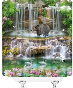 Forest Waterfall Shower Curtain with Nature Green Tropical Rainforest Wild Animal Bird Bear Flower Spring Summer Scenery