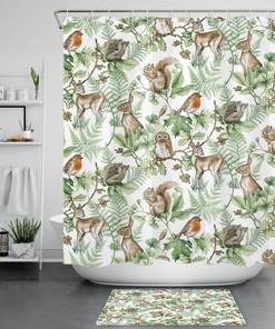 Forest Wildlife Green Leaves Shower Curtain With Deer, Owl Squirrel For Bathroom Decor
