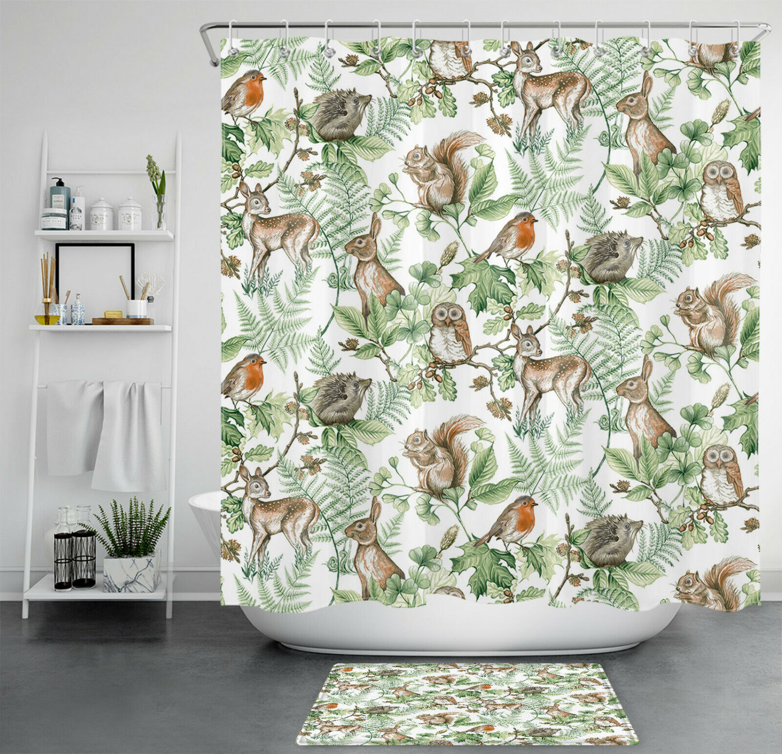 Forest Wildlife Green Leaves Shower Curtain With Deer, Owl Squirrel For Bathroom Decor