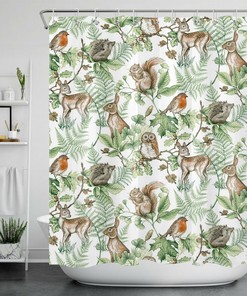Forest Wildlife Green Leaves Shower Curtain With Deer, Owl Squirrel For Bathroom Decor