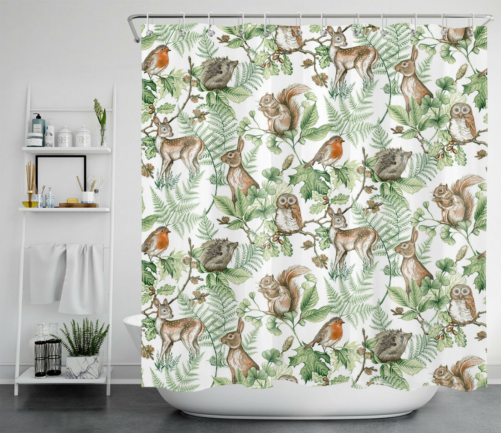 Forest Wildlife Green Leaves Shower Curtain With Deer, Owl Squirrel For Bathroom Decor