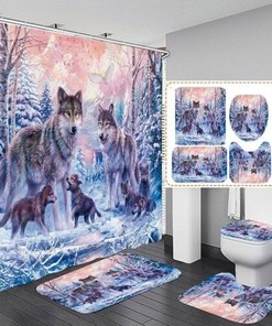 Forest Wolf Family Animal Print Shower Curtain For Bathroom Decor