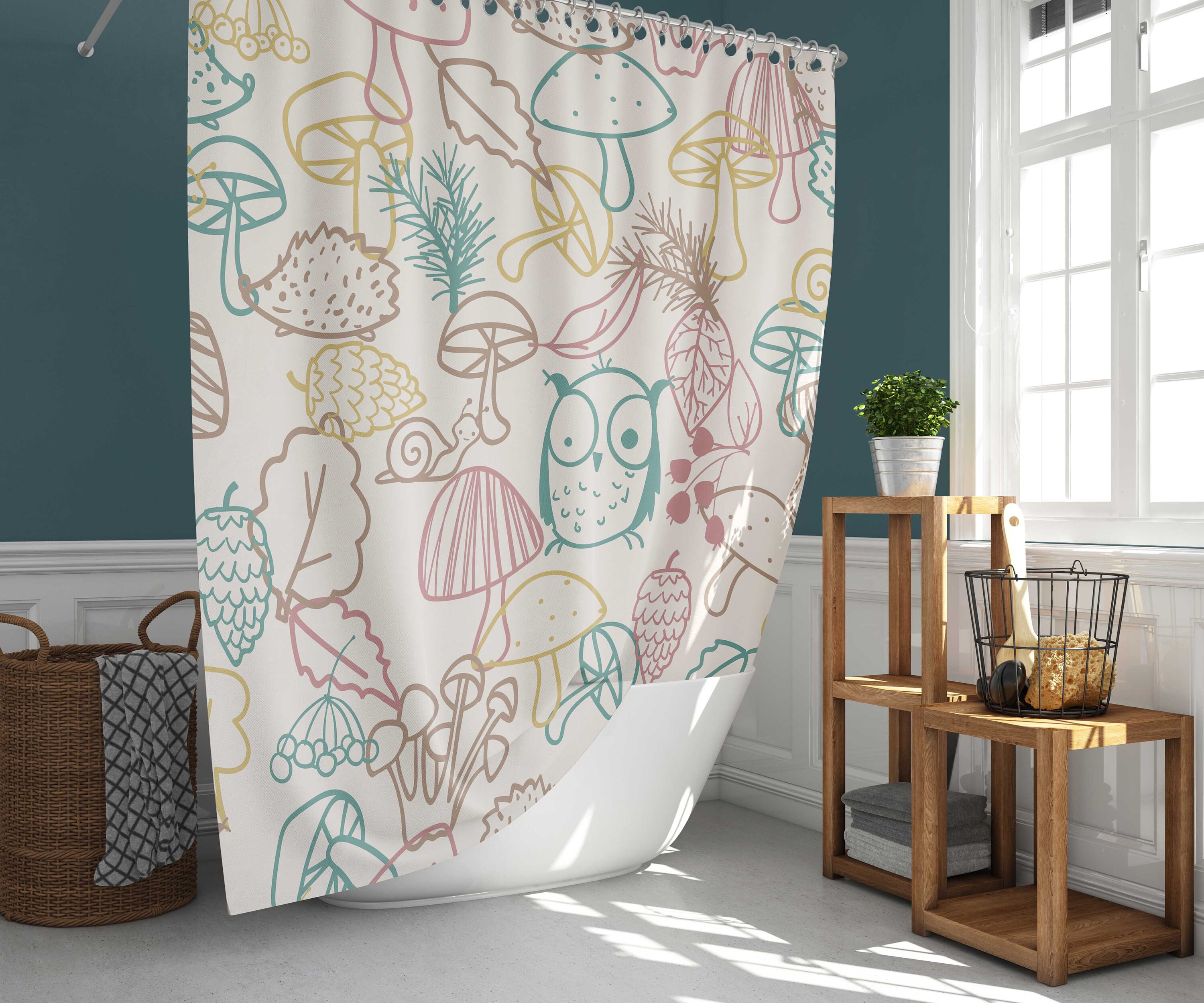 Forest leaves snail Owl & mushroom Shower Curtain for Kids Bathroom Decor
