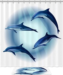 Four Dolphins Print Shower Curtain, Waterproof Fabric for Bathroom Decor