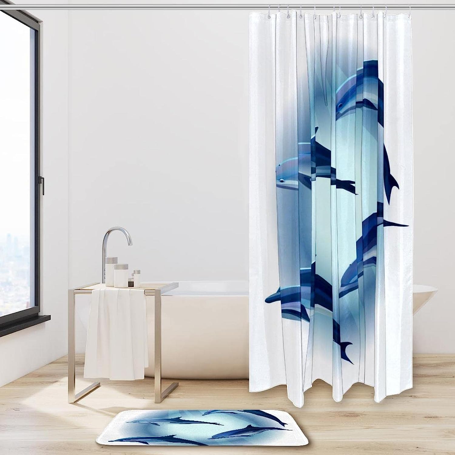 Four Dolphins Print Shower Curtain, Waterproof Fabric for Bathroom Decor