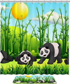 Four Pandas in The Green Bamboo Field Full Size Shower Curtain