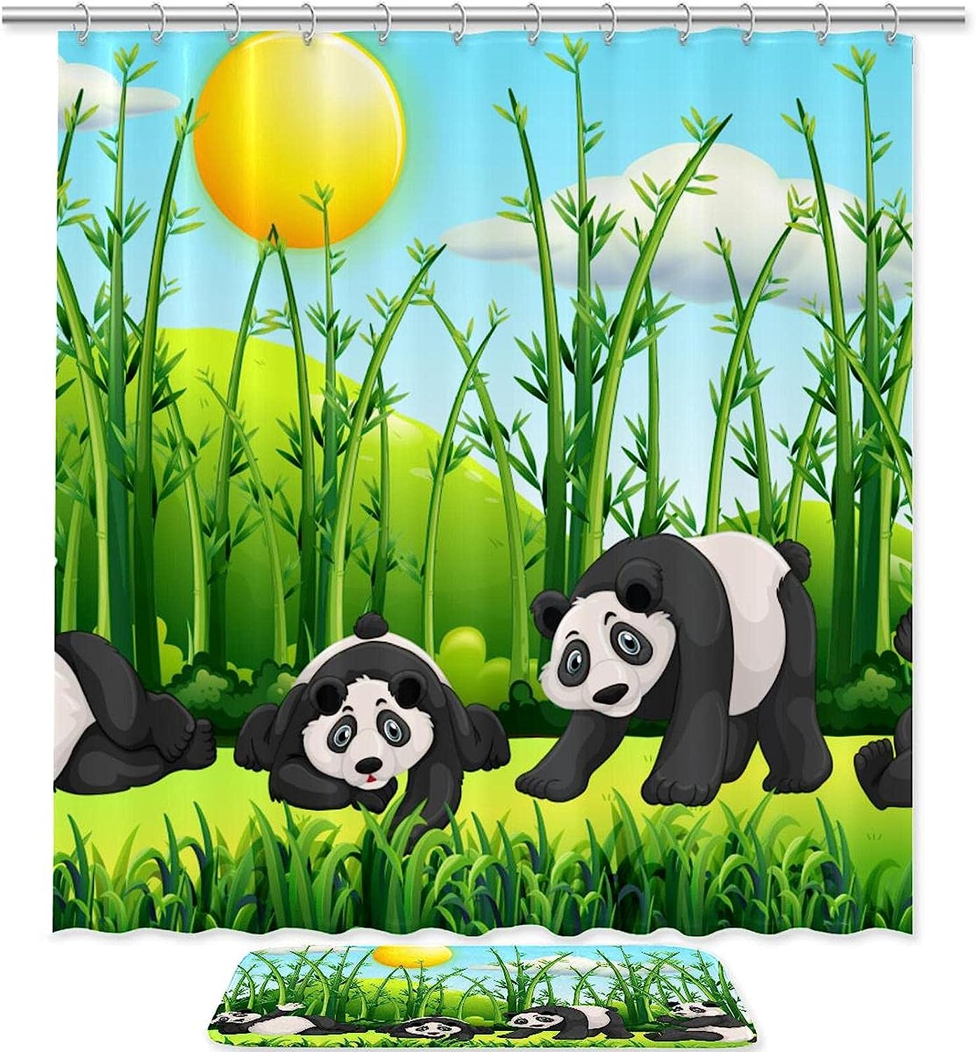 Four Pandas in The Green Bamboo Field Full Size Shower Curtain