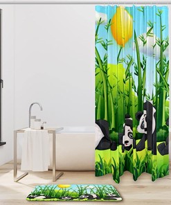Four Pandas in The Green Bamboo Field Full Size Shower Curtain
