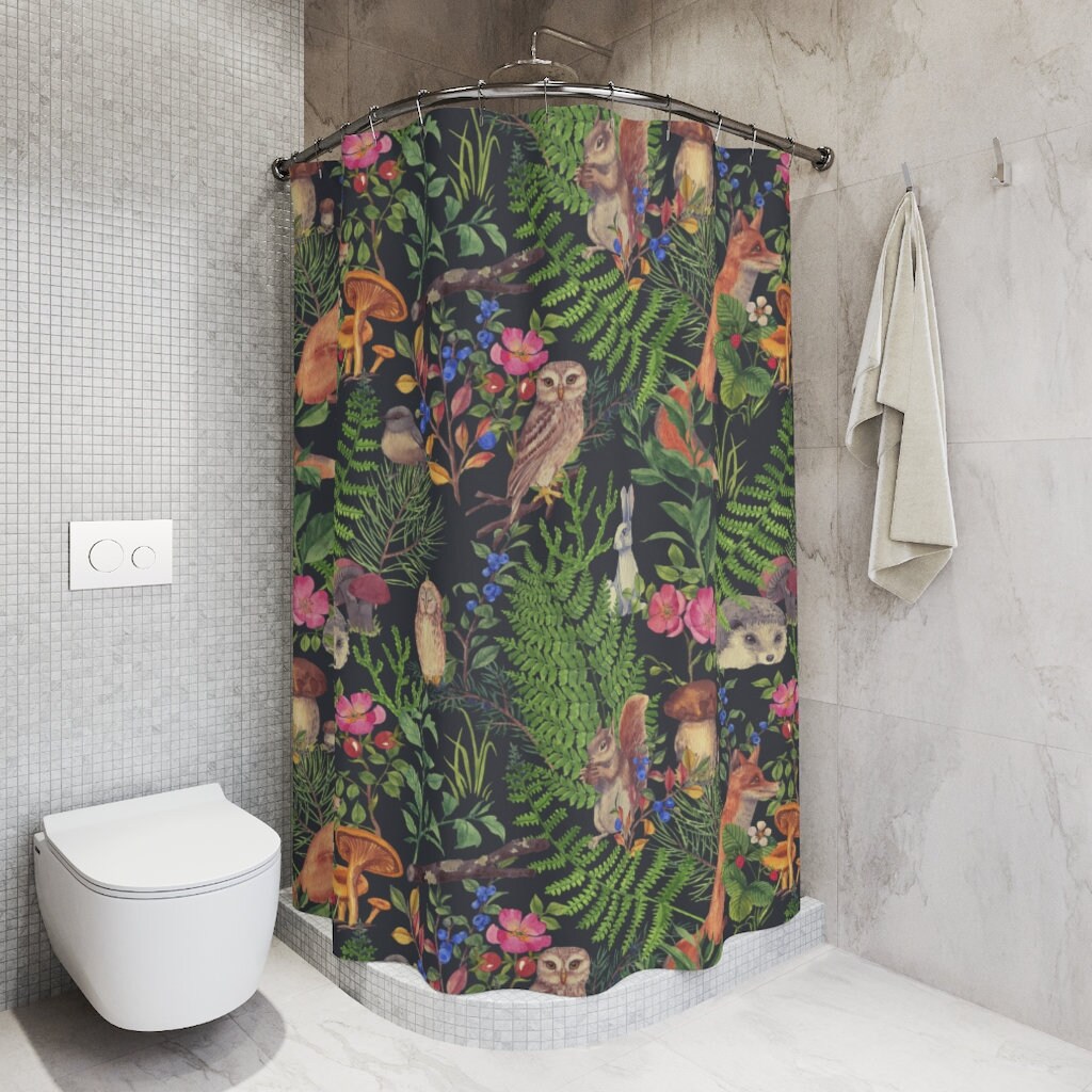 Fox Boho Woodland Print Fabric Shower Curtain With Nature And Animals Prints For Unique Bathroom Decor