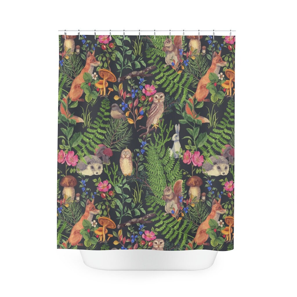 Fox Boho Woodland Print Fabric Shower Curtain With Nature And Animals Prints For Unique Bathroom Decor