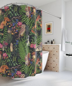 Fox Boho Woodland Print Fabric Shower Curtain With Nature And Animals Prints For Unique Bathroom Decor