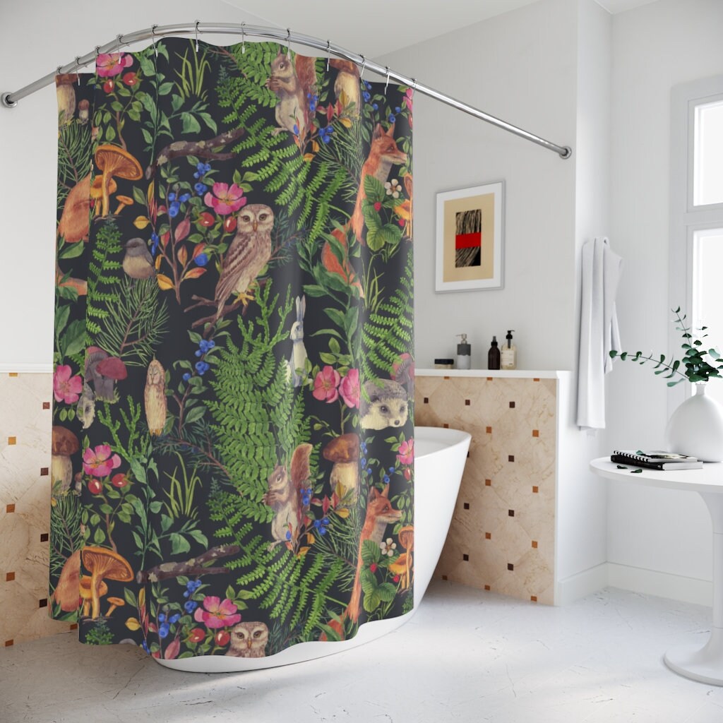 Fox Boho Woodland Print Fabric Shower Curtain With Nature And Animals Prints For Unique Bathroom Decor