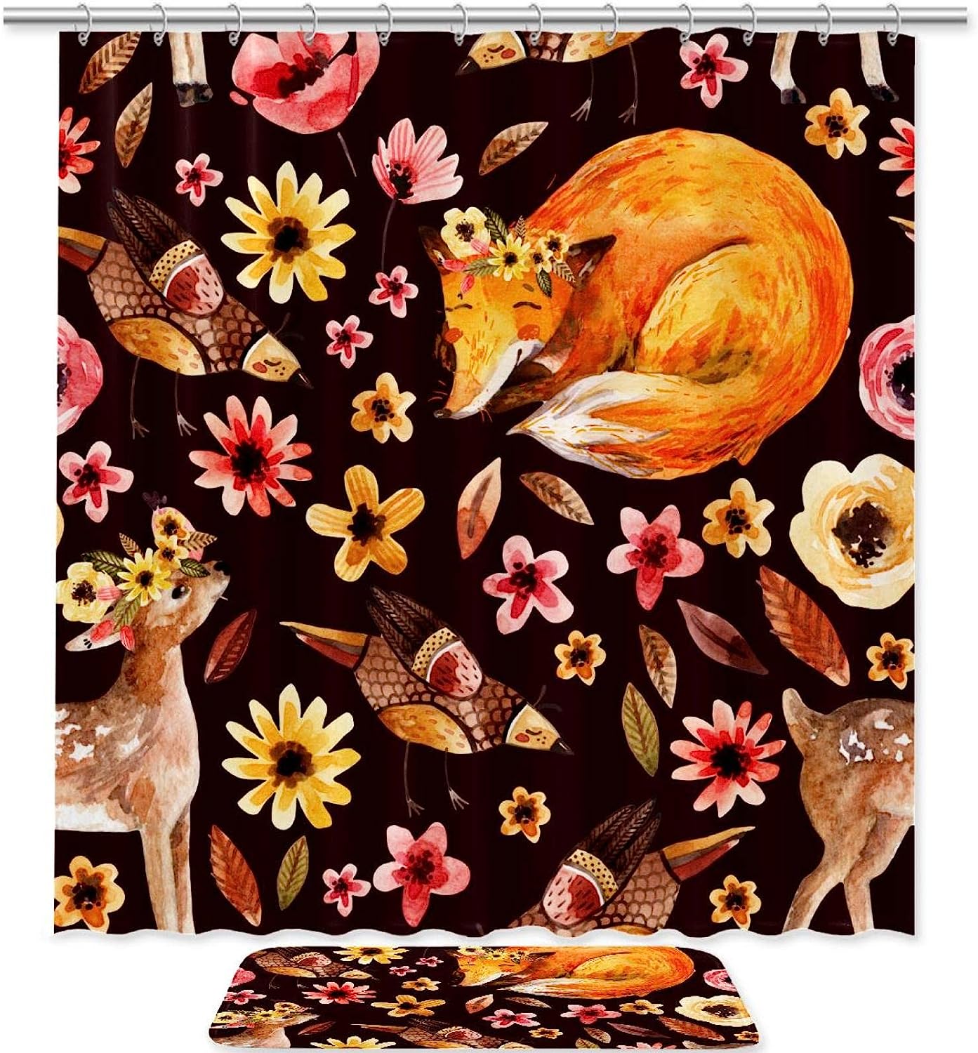 Foxes Bird Deer Vintage Bathroom Shower Curtain - Create A Cute And Lively Atmosphere