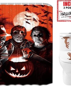 Freddy, Jason And Michael Myers Horror Movie Halloween Fabric Shower Curtain And Greeting Cards Decoration 
