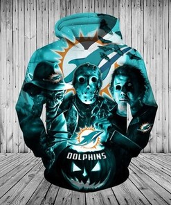Freddy Jason Michael Myers Loves Miami Dolphins Pumpkin Head Halloween All Over Print 3D Hoodie