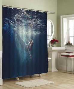 Free-Diver Girl Underwater Shot Shower Curtain Mermaid Tale Stall Bathroom Decor