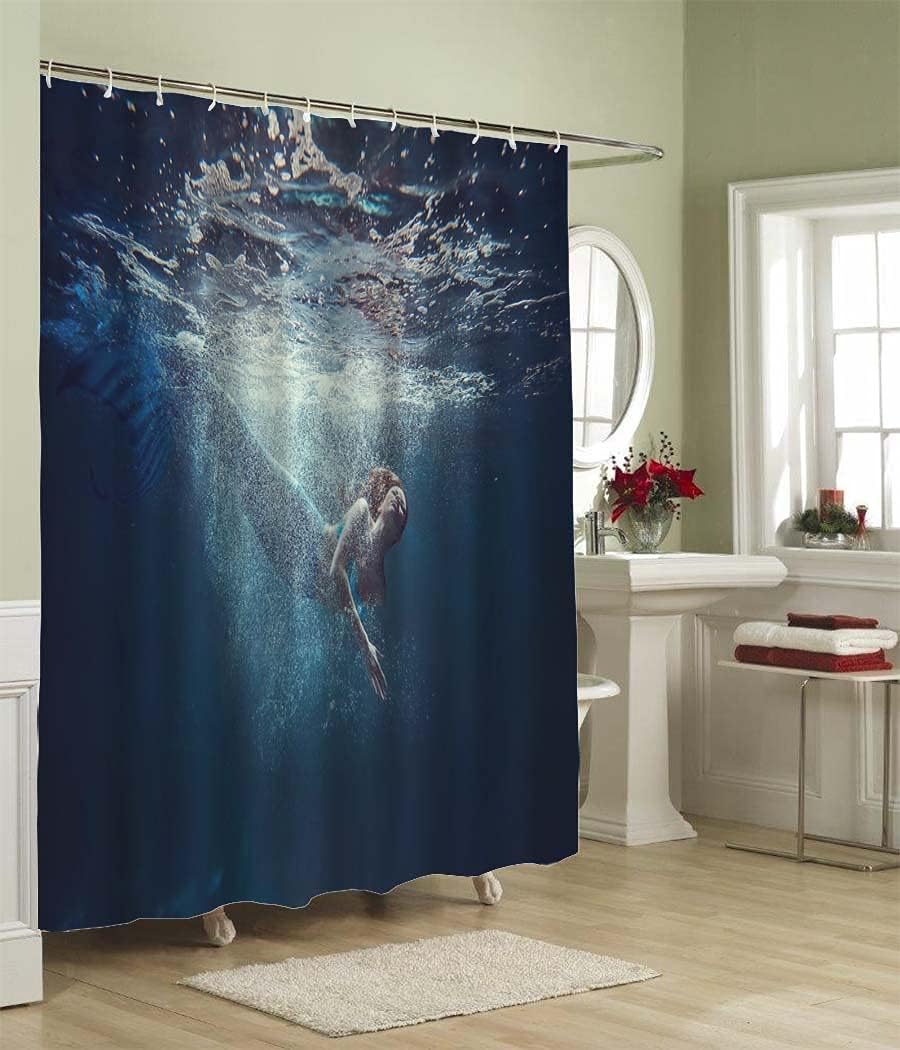 Free-Diver Girl Underwater Shot Shower Curtain Mermaid Tale Stall Bathroom Decor