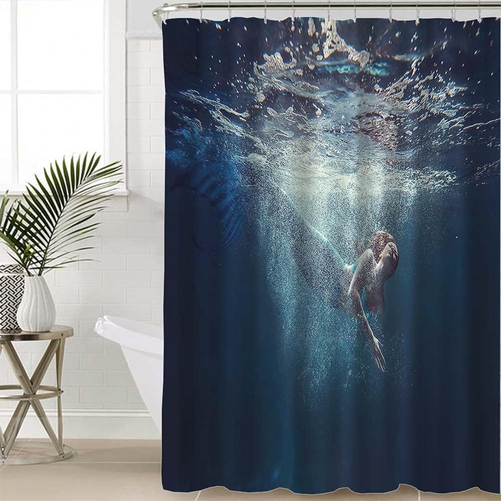Free-Diver Girl Underwater Shot Shower Curtain Mermaid Tale Stall Bathroom Decor