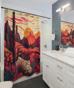 Free-Spirited Boho Landscape Shower Curtain With Mountains, Cacti, And Tribal Symbols For Mexican Muralism Inspired