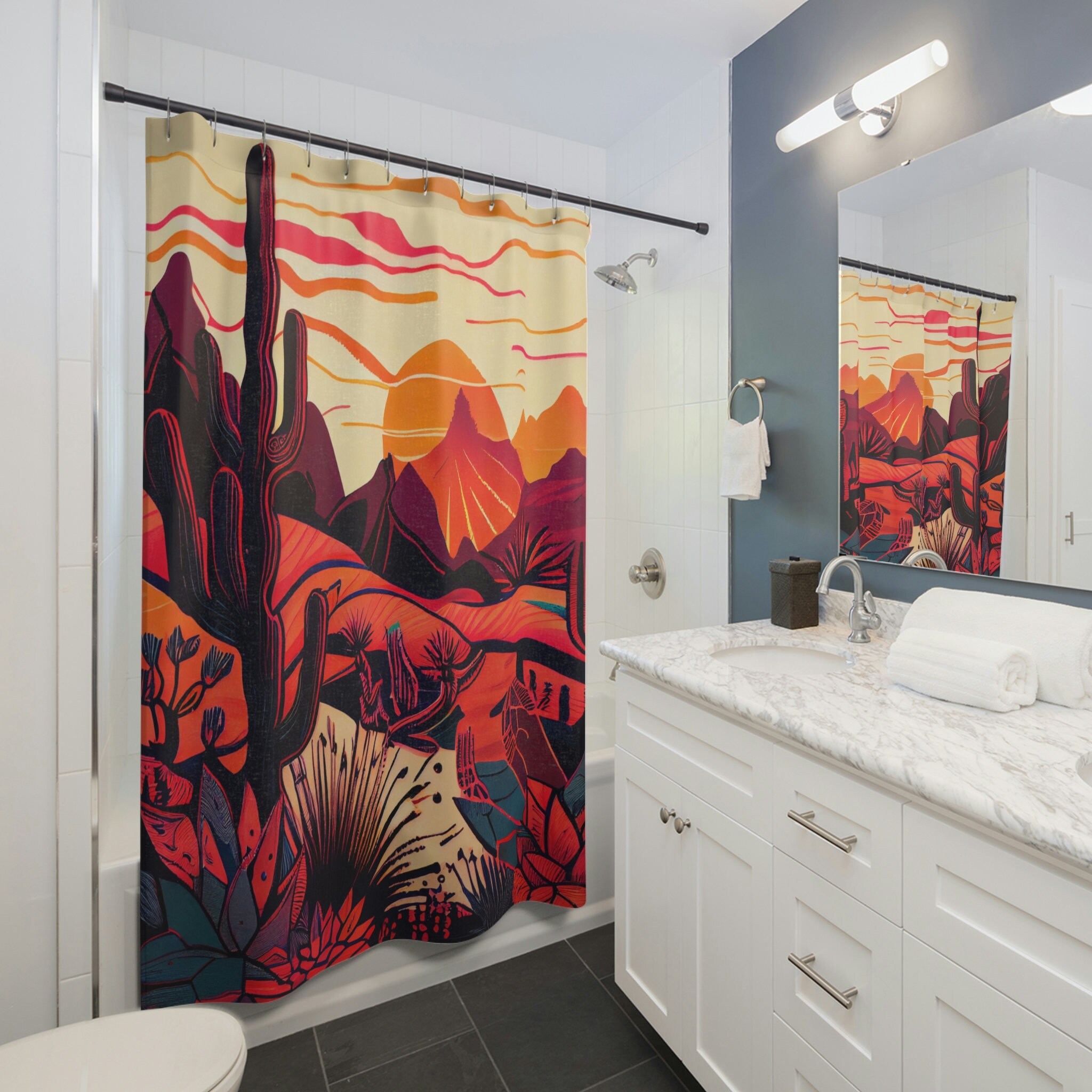 Free-Spirited Boho Landscape Shower Curtain With Mountains, Cacti, And Tribal Symbols For Mexican Muralism Inspired