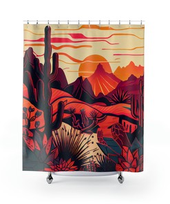 Free-Spirited Boho Landscape Shower Curtain With Mountains, Cacti, And Tribal Symbols For Mexican Muralism Inspired