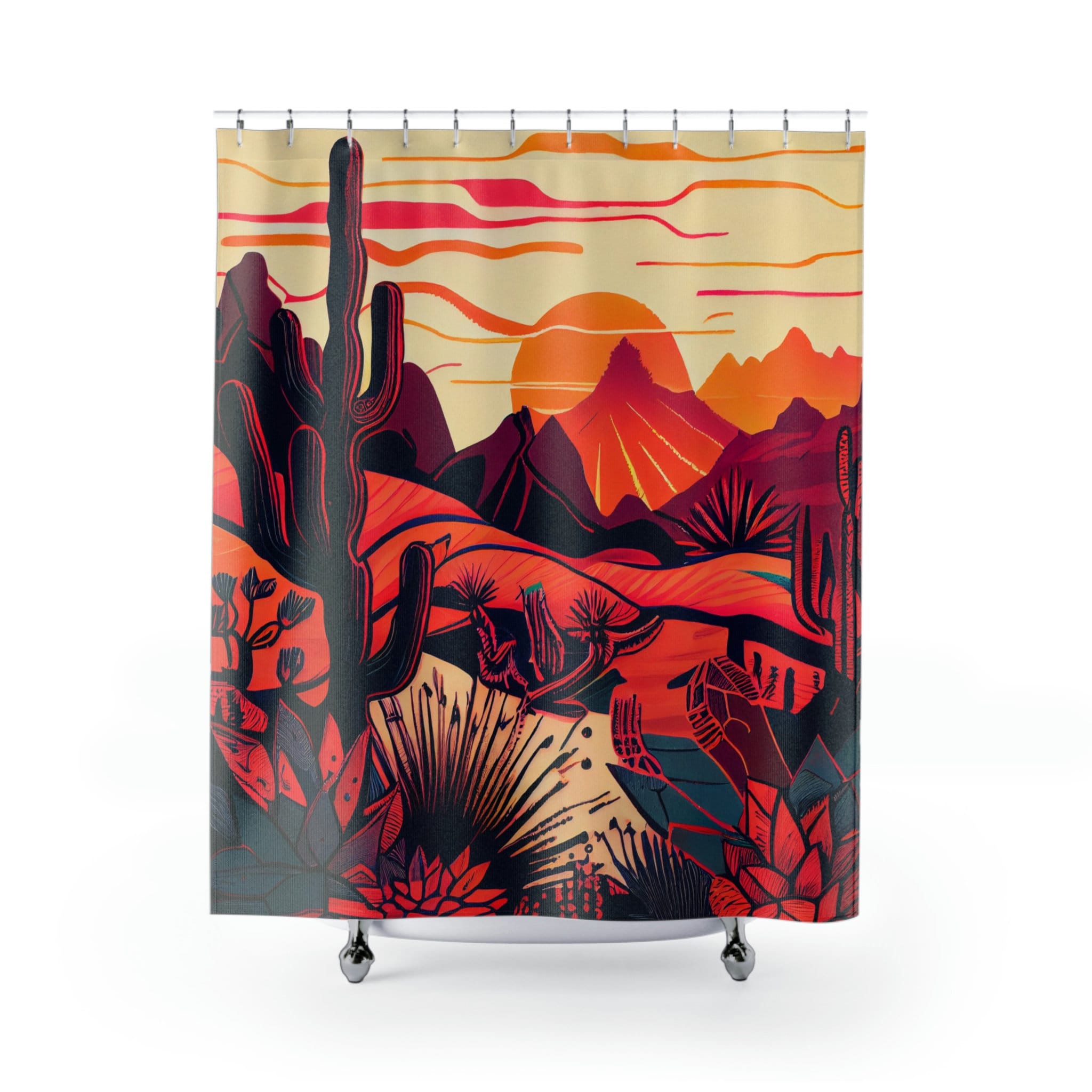 Free-Spirited Boho Landscape Shower Curtain With Mountains, Cacti, And Tribal Symbols For Mexican Muralism Inspired